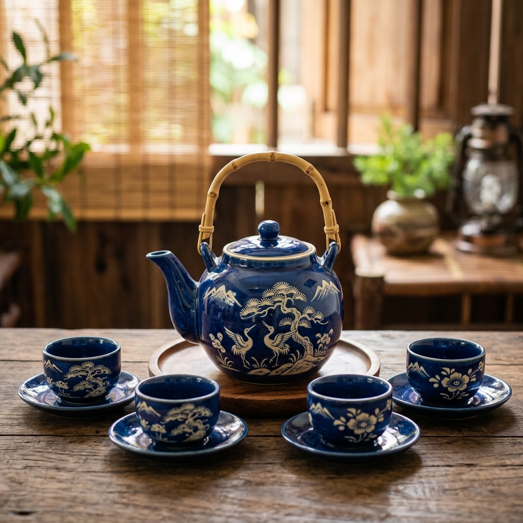 Ấm chén trà Bát Tràng men lam - Image 3