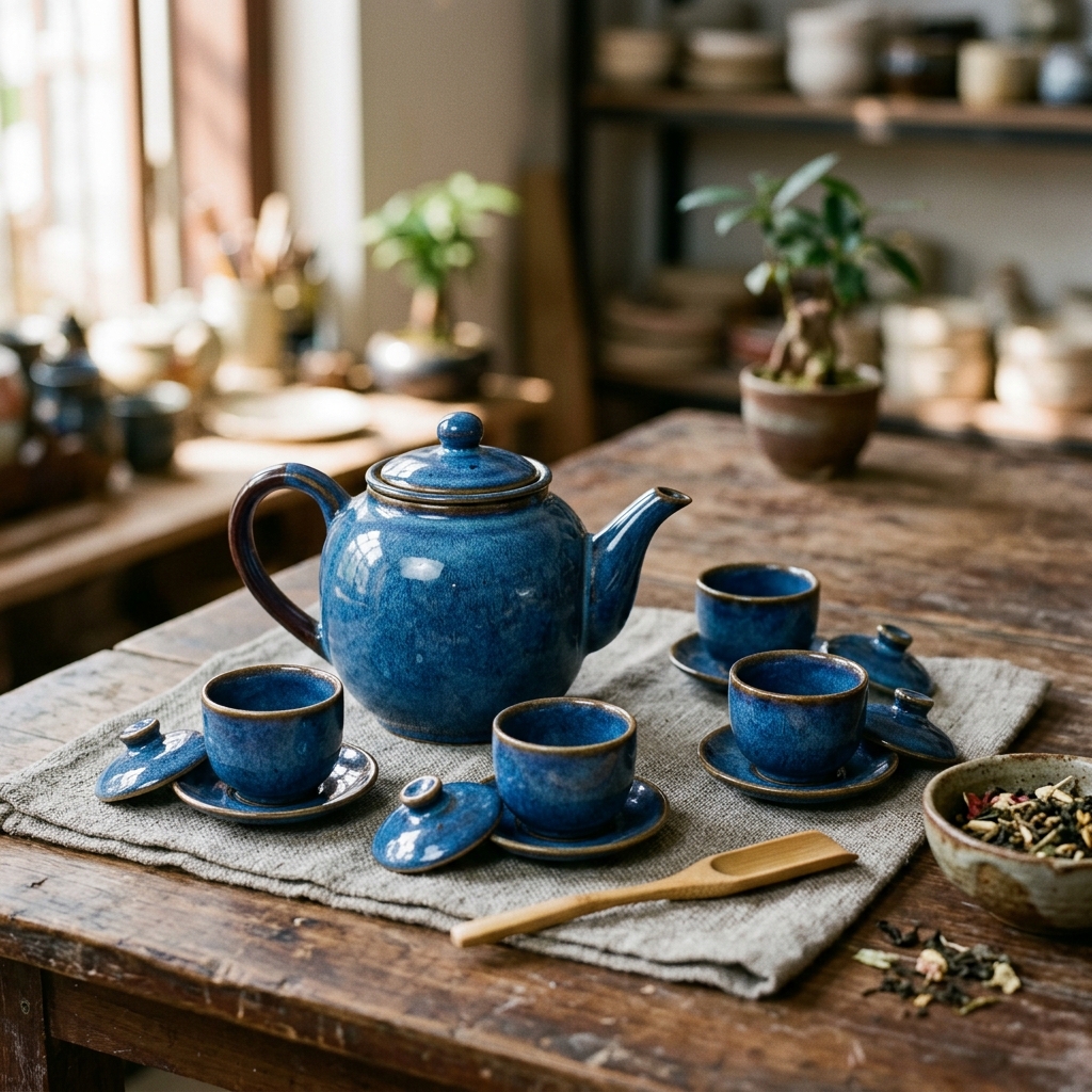 Ấm chén trà Bát Tràng men lam